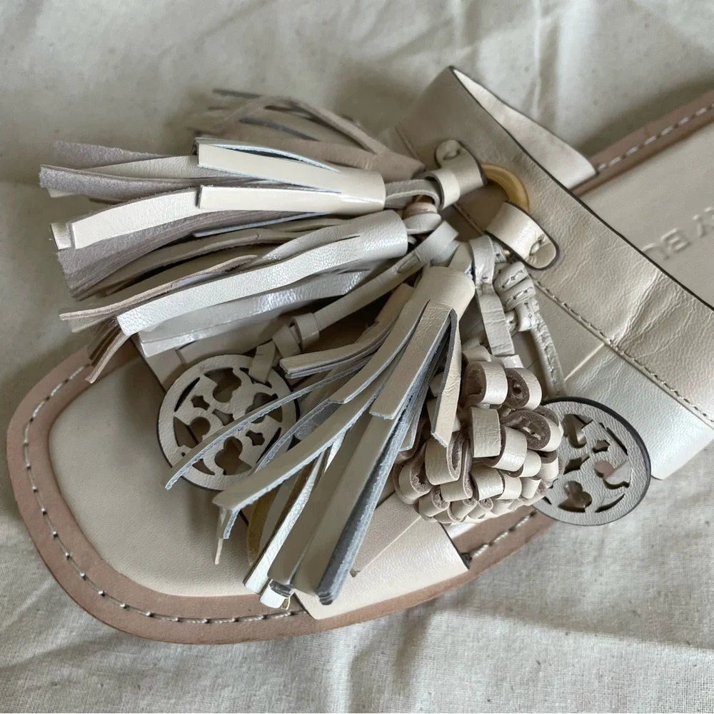 Tory Burch Miller Tassel Slide New Cream Size 6 Leather Neutral Luxury Coastal